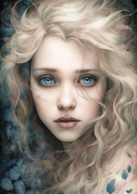 Illustration of an female blonde woman in a fictional scenery for frame Character concept art