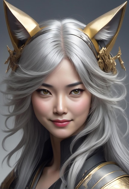 Illustration of a female fantasy warrior with white hair and golden helmet