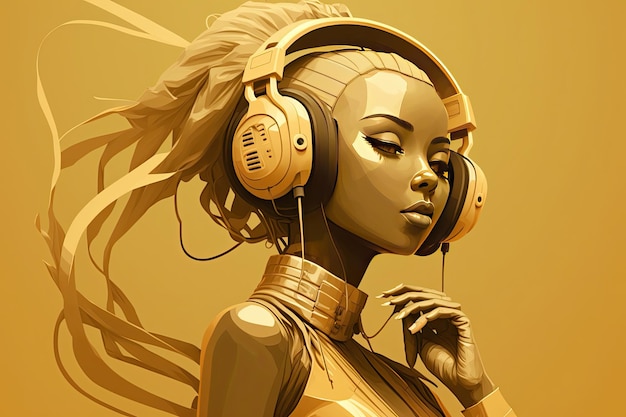 Illustration of a female humanoid robot with headphones enjoying and feeling the music on a gold background Generative AI