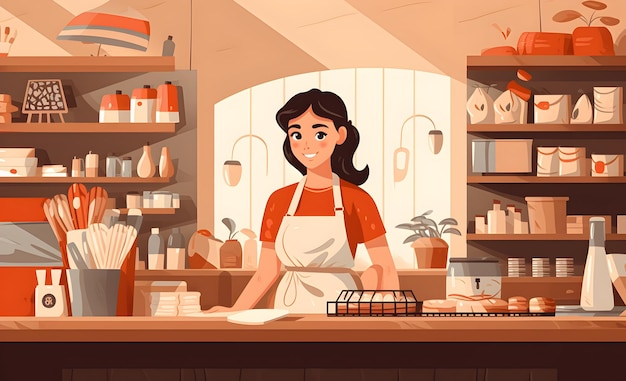 Illustration Female store employee smiling Retail store grocery bakery pharmacy A woman in an apron working at a market Generative AI