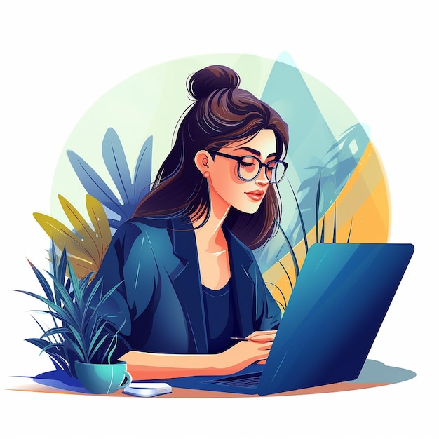 Illustration a female wth glasses in the office