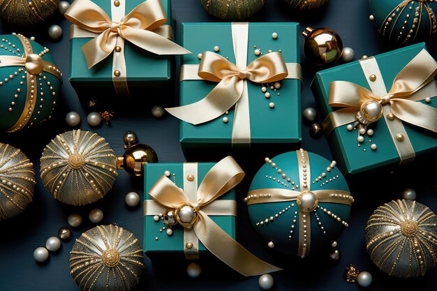 Illustration of festive gift boxes decorated with multicolored silk ribbons surrounded by stylish Christmas decorations stars snowflakes on a soft background Generative AI