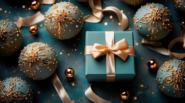 Illustration of festive gift boxes decorated with multicolored silk ribbons surrounded by stylish Christmas decorations stars snowflakes on a soft background Generative AI