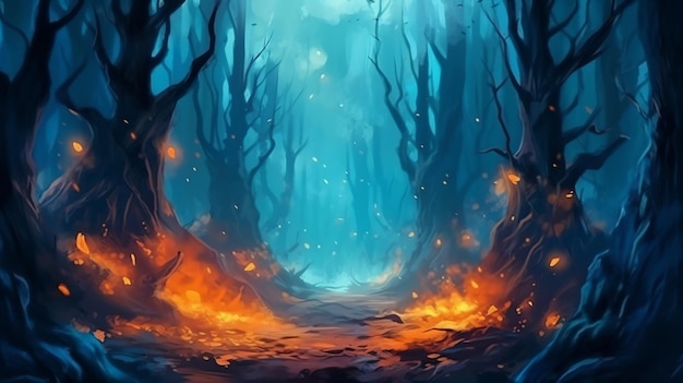 illustration of a fire trail in a dark forest with a lot of trees