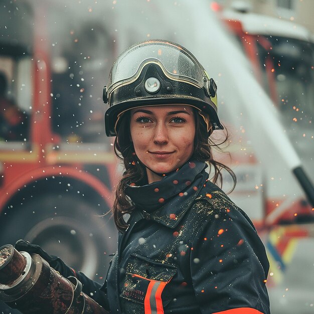 Photo illustration of a firefighter between flames and smoke shocking dangerous horizontal