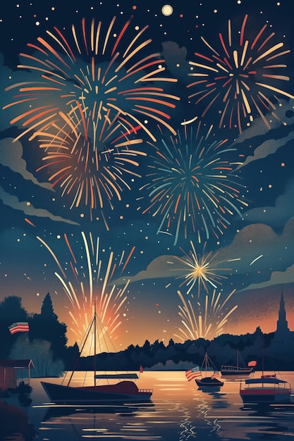 Illustration of fireworks above a night lake with boats and American flags on 4th of July Vibrant