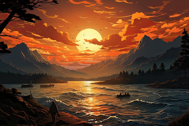 Illustration of fisherman on boats fishing against nature and sunset Generative AI