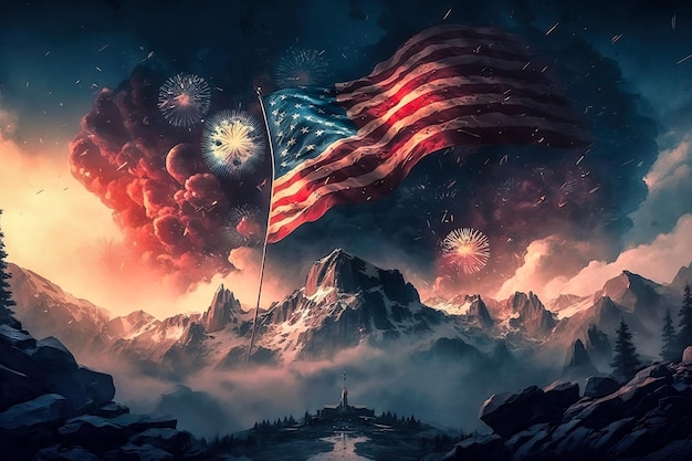 Illustration of flag usa on mountain fireworks background in clouds for independence day symbol of a