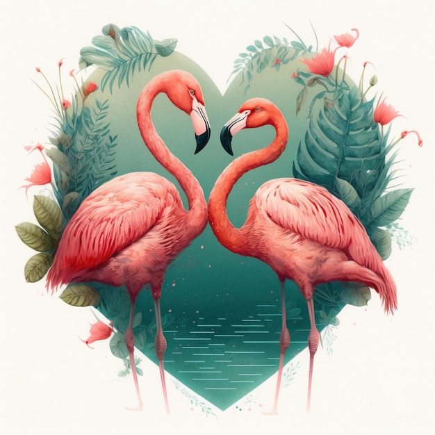 Illustration Flamingo in heart shape in pond in love isolated on white background