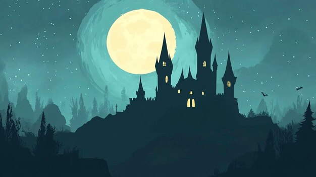 Photo illustration flat colors castle silhouette and full moon