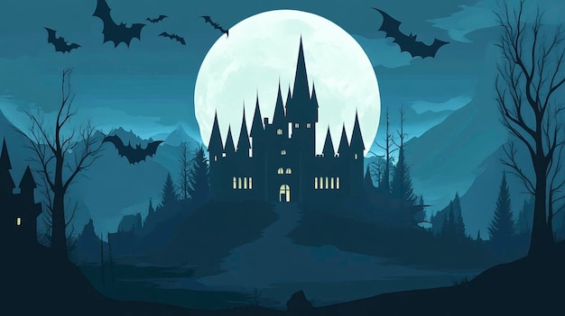 Photo illustration flat colors castle silhouette and full moon