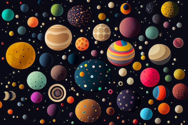 Illustration of flat multicolored planets balls background Generative AI