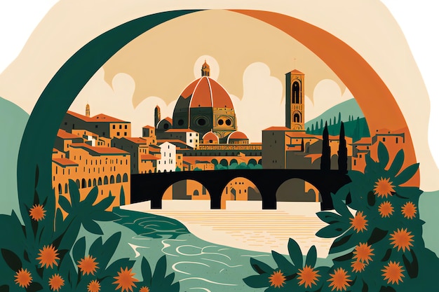 Illustration Florence Italy Ponte Vecchio Duomo