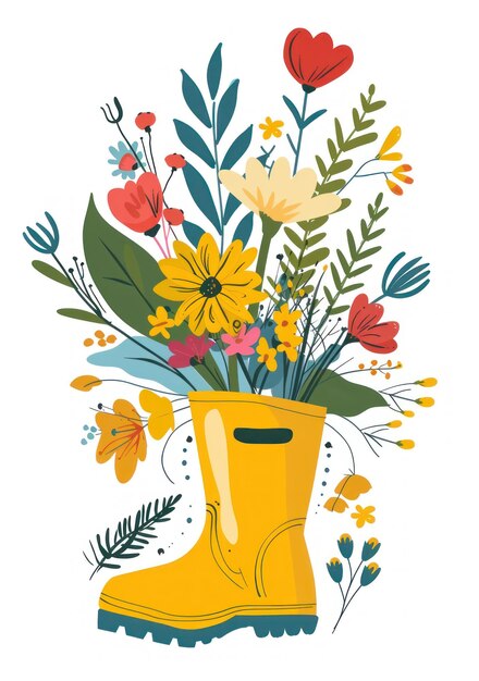 Photo illustration of a flower bouquet in a yellow rain boot colorful and whimsical design for spring decor generative ai