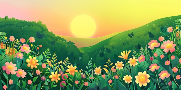 Illustration of a flower garden on a sunny day Calm spring summer nature approach and hills flower garden background