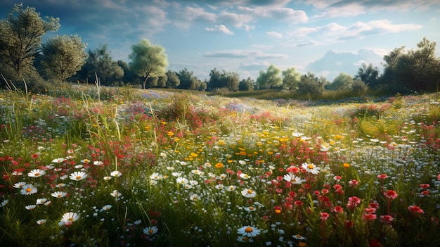 Illustration of a flower meadow in spring Generative AI