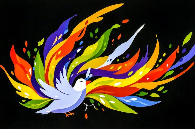 Illustration of a flying dove of the world against a colorful flame Abstract art