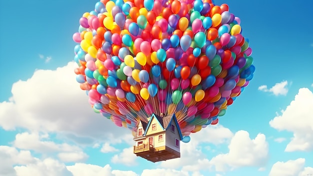 illustration of flying house with many balloon