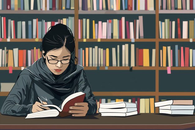 Illustration of a focused student researching with books in a library setting