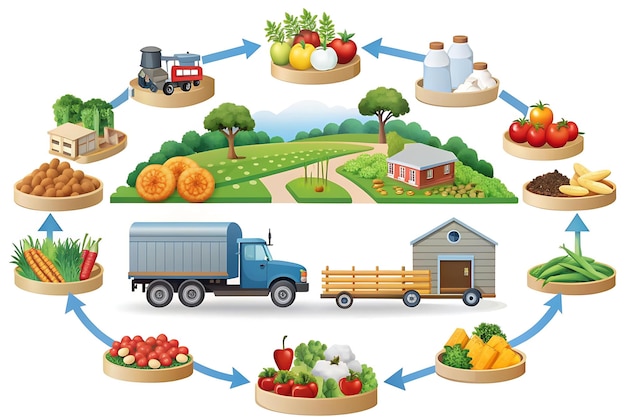 An illustration of the food supply chain from farm to table