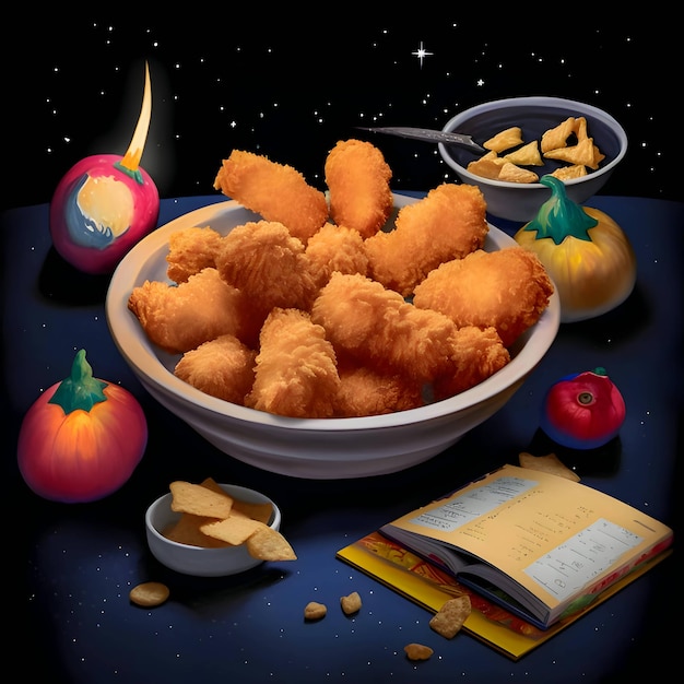 Illustration food on the table chicken nuggets tomatoes and fries