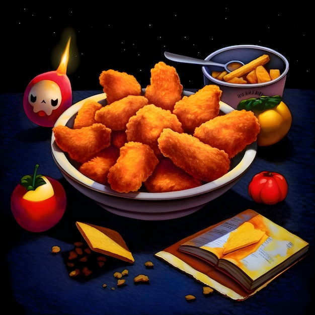 Illustration food on the table chicken nuggets tomatoes and fries