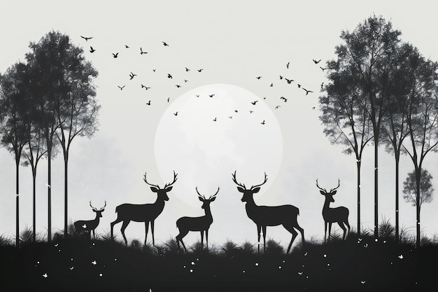 Photo illustration of a forest landscape with deer silhouettes in the minimalistic style using simple shap