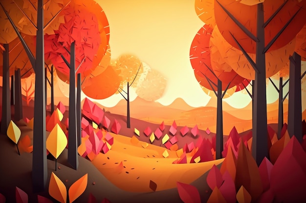 An illustration of a forest with a yellow and orange background.