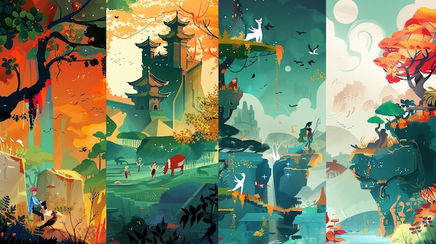 An illustration of four different fantasy landscapes