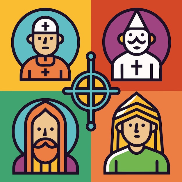 Photo illustration of four different people with a cross in the middle