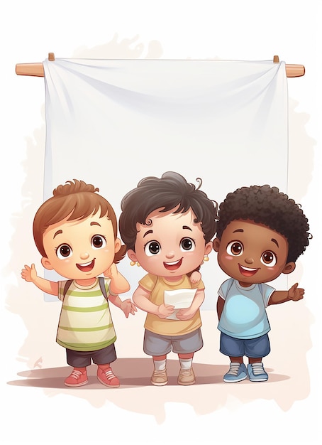 illustration of four happy toddlers holding a blank banner