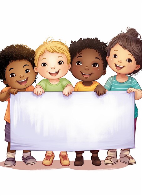 illustration of four happy toddlers holding a blank banner