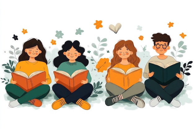 Photo illustration of four people reading books in a garden setting