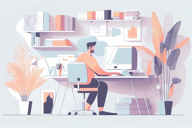 Illustration of freelance and business man work from home Created with Generative AI technology