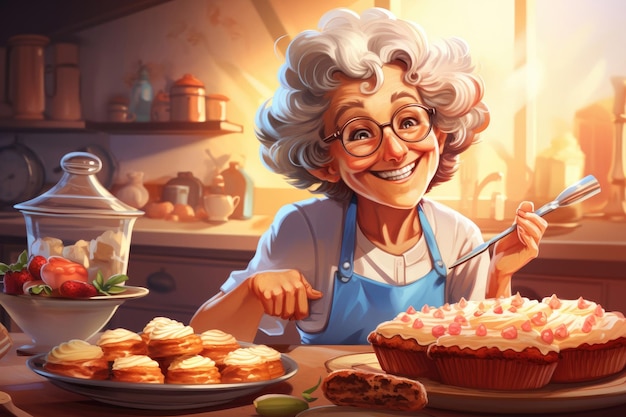 Illustration of a friendly old lady baking pastry