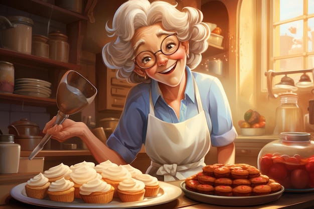 Illustration of a friendly old lady baking pastry