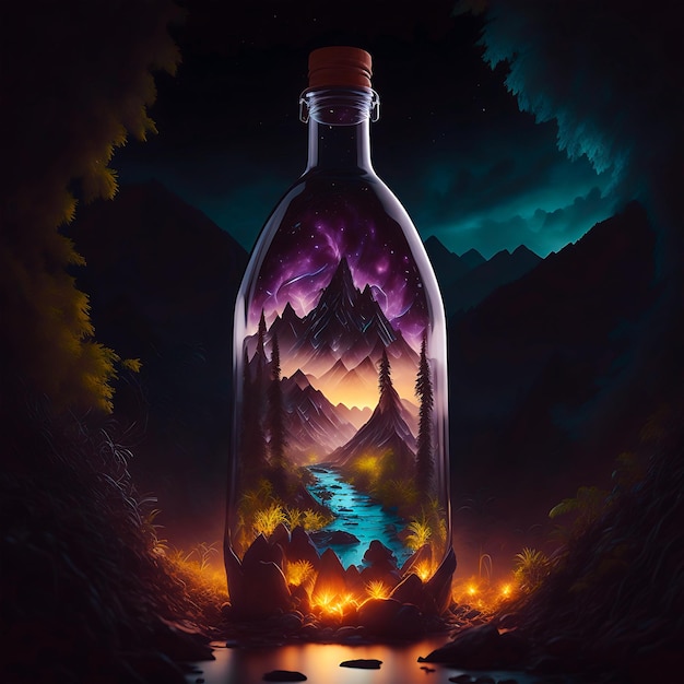 illustration from beautiful colorful landscape inside bottle generated Ai