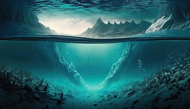 An illustration of a frozen ocean with mountains in the background.