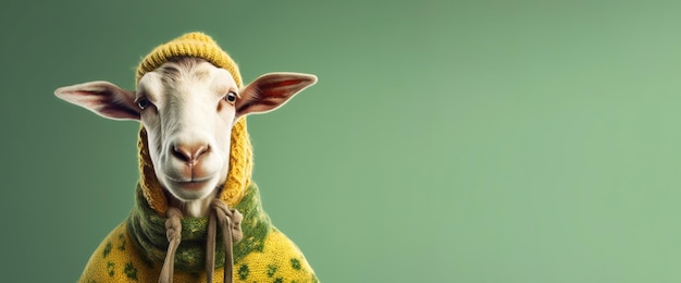 Illustration of a funny goat wearing a yellow and green sweater and a woolen hat against a dark green background Generative AI