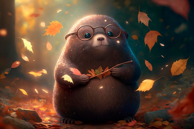 Illustration Funny mole in golden autumn with colorful leaves in the forest AI generated content