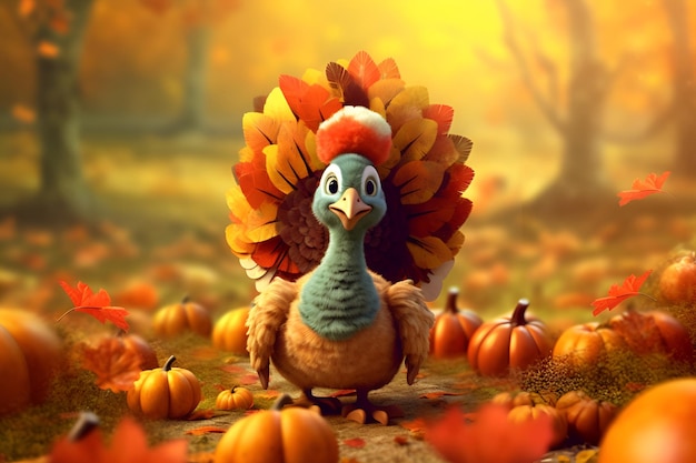 Illustration of a funny turkey among pumpkins and autumn leaves Thanksgiving Day