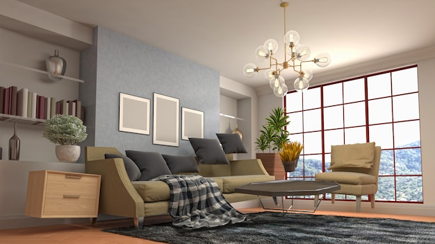 Illustration of furniture hovering in living room