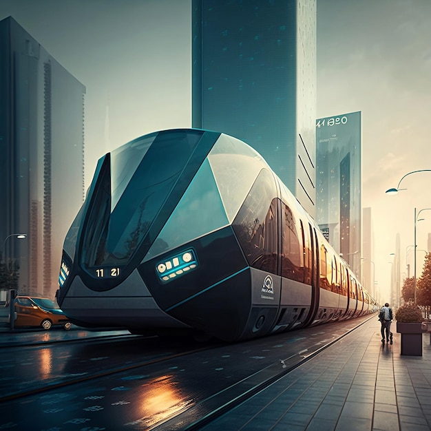 Illustration of Future of Urban Mobility Futuristic Trams Metro and Subways in a Cityscape generative ai