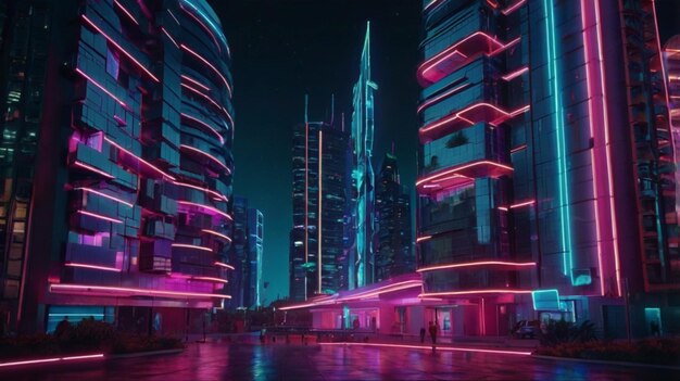 Photo illustration of futuristic building view with glowing neon lamp effect on the night