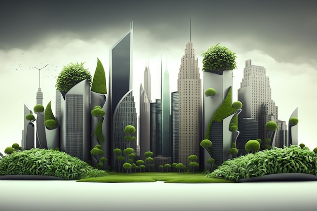 An illustration of futuristic city with green plants Generative AI