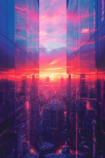 Illustration of a futuristic cityscape with a gradient sky and geometric buildings overlaid with moving lines