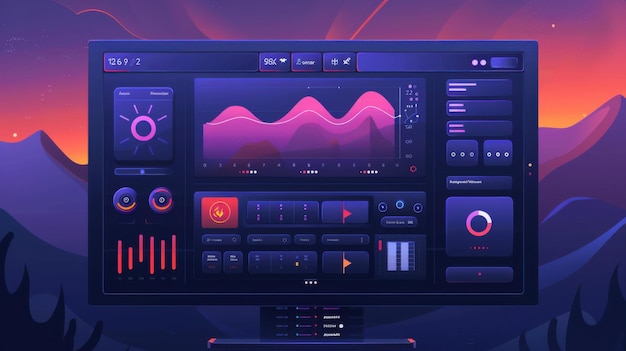 Photo illustration of a futuristic data dashboard with vibrant graphs controls and analytics representing advanced technology and data management