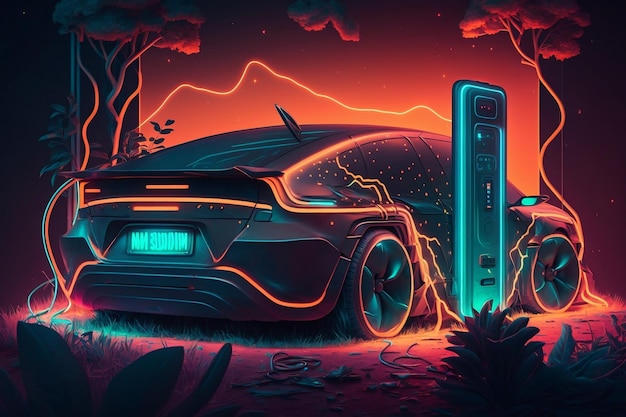 Illustration of a Futuristic Electric Car with Neon Lights Generative AI