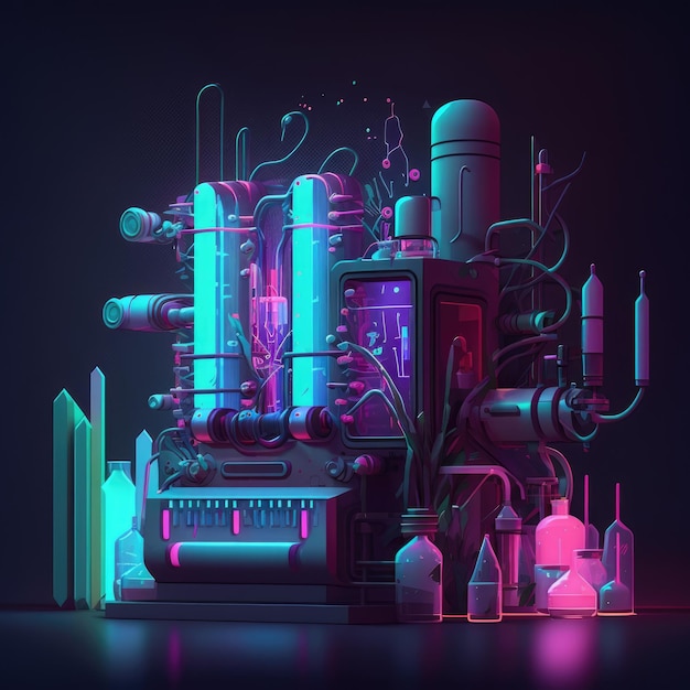 an illustration futuristic laboratory with neon colored chemicals and machinery n abstract neon design of a glowing set against a dark abstract background