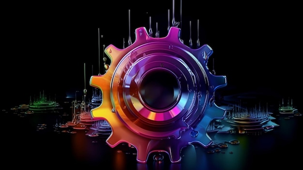 Illustration of gear wheel over dark background with water dropsgenerative ai